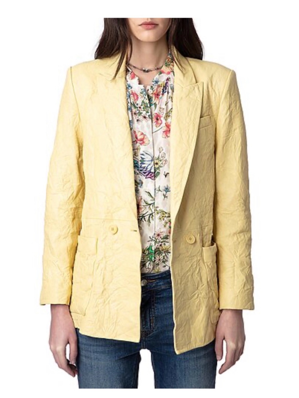 Zadig & Voltaire Visko Cuir Froisse Learher Light Yellow Women's Blazer Jacket
